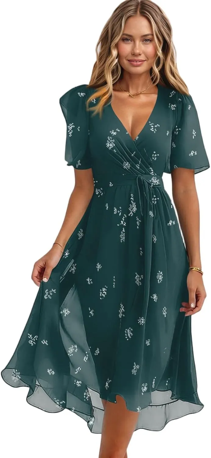 Womens Boho Floral Printed Chiffon Dresses 2025 Elegant V-Neck Belted Summer Wedding Prom Cocktail Midi Dress