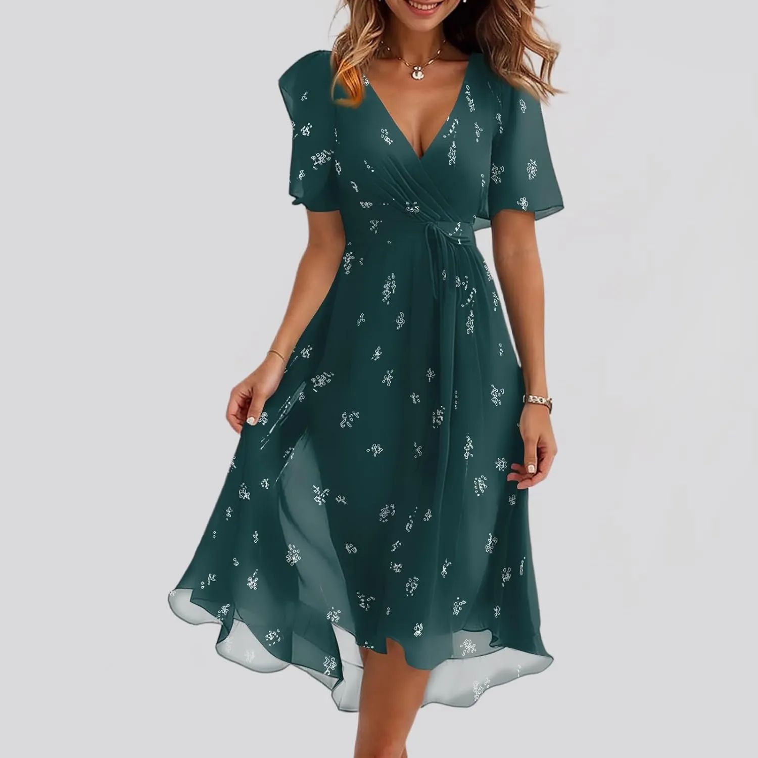 Womens Boho Floral Printed Chiffon Dresses 2025 Elegant V-Neck Belted Summer Wedding Prom Cocktail Midi Dress