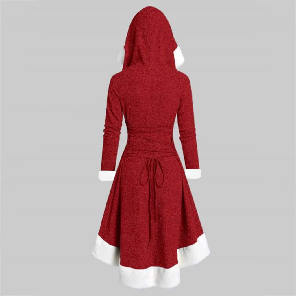 Womens Christmas Snowflake Elk Hooded High Low Flounce Hem Knit Dress Cloak Plush Patchwork Vintage Dress