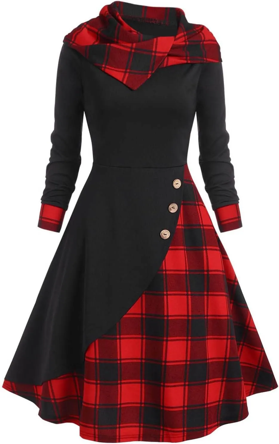 Womens Christmas Snowflake Elk Hooded High Low Flounce Hem Knit Dress Cloak Plush Patchwork Vintage Dress