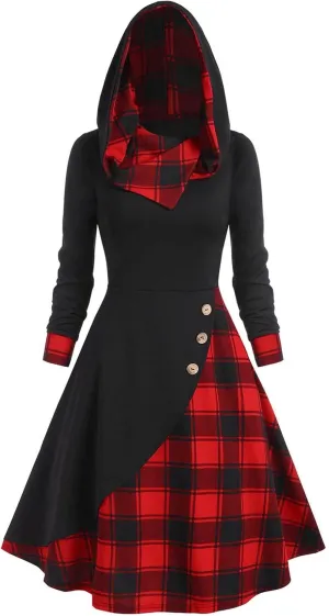 Womens Christmas Snowflake Elk Hooded High Low Flounce Hem Knit Dress Cloak Plush Patchwork Vintage Dress