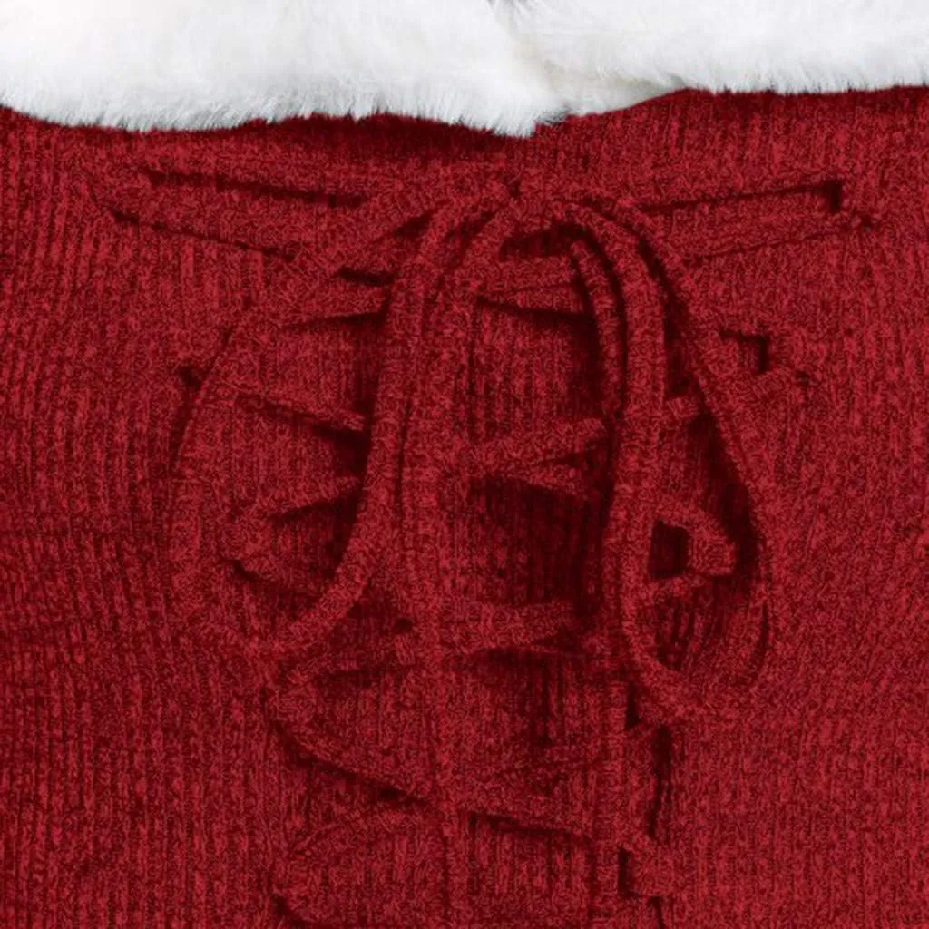 Womens Christmas Snowflake Elk Hooded High Low Flounce Hem Knit Dress Cloak Plush Patchwork Vintage Dress