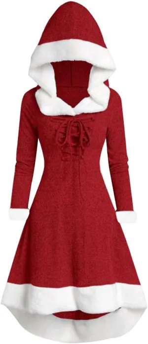 Womens Christmas Snowflake Elk Hooded High Low Flounce Hem Knit Dress Cloak Plush Patchwork Vintage Dress