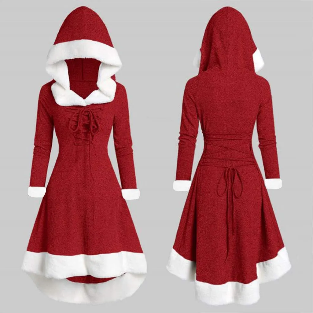 Womens Christmas Snowflake Elk Hooded High Low Flounce Hem Knit Dress Cloak Plush Patchwork Vintage Dress