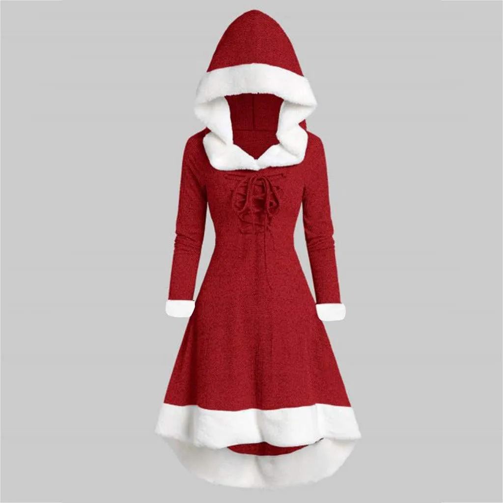 Womens Christmas Snowflake Elk Hooded High Low Flounce Hem Knit Dress Cloak Plush Patchwork Vintage Dress