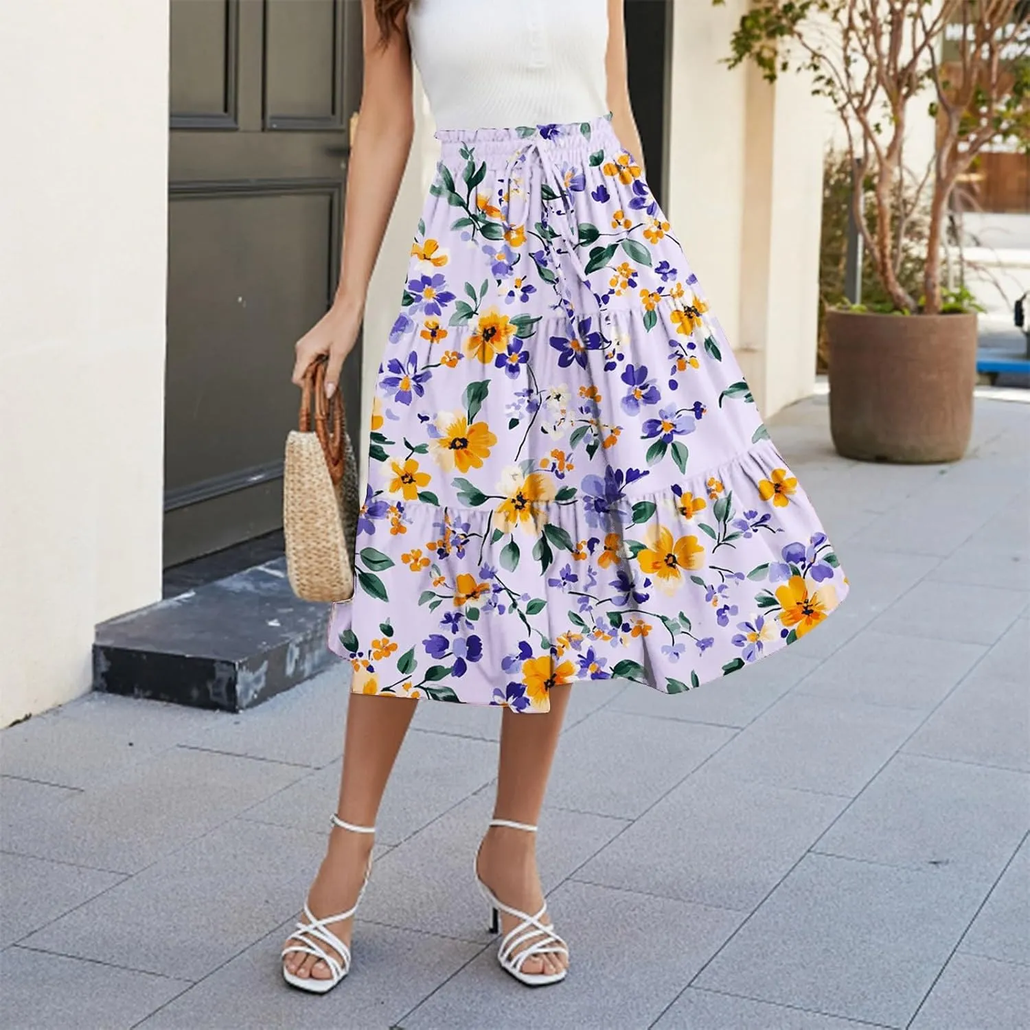 Women's Maxi Dresses 2025 Floral Maxi Skirt Summer Comfy Tiered Elastic High Waisted Skirts Vacation, S-XL