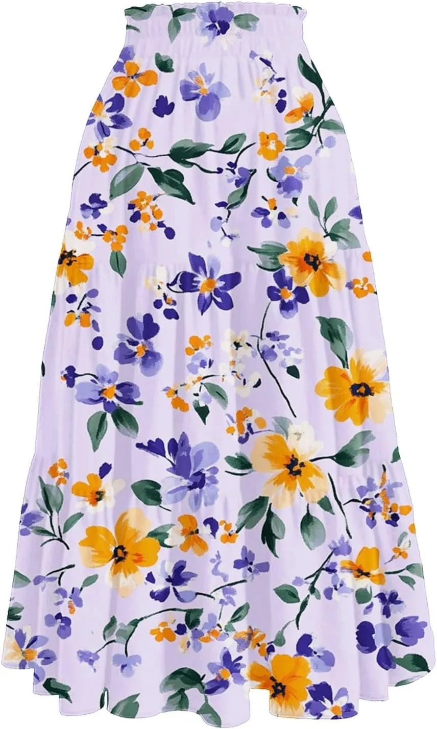 Women's Maxi Dresses 2025 Floral Maxi Skirt Summer Comfy Tiered Elastic High Waisted Skirts Vacation, S-XL