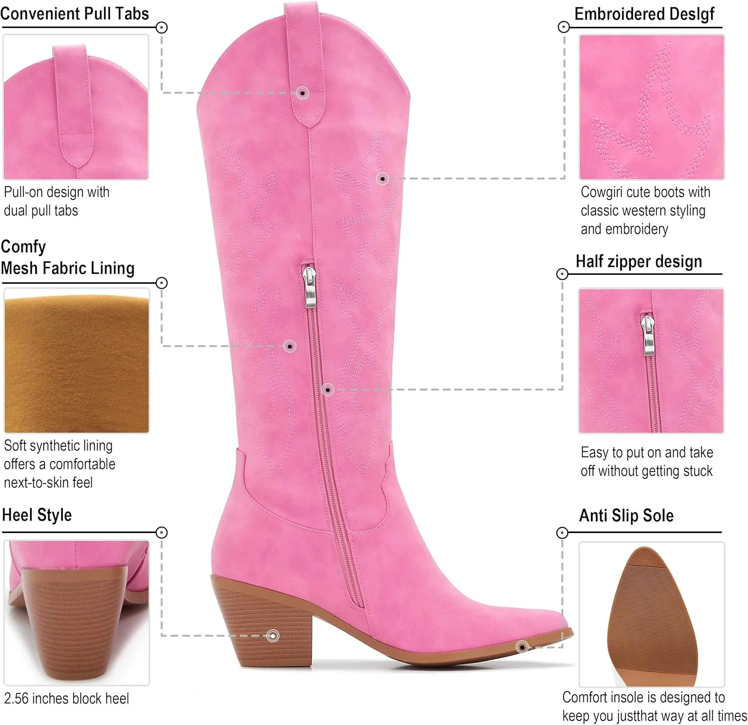ZXHYZLZ Cowboy Boots For Women 2-Inch Low Heel Comfortable Tall Knee High Western Cowgirl Boots Pointed Toe Botas Vaqueras Para Mujer Classic Embroidered Chunky Heel