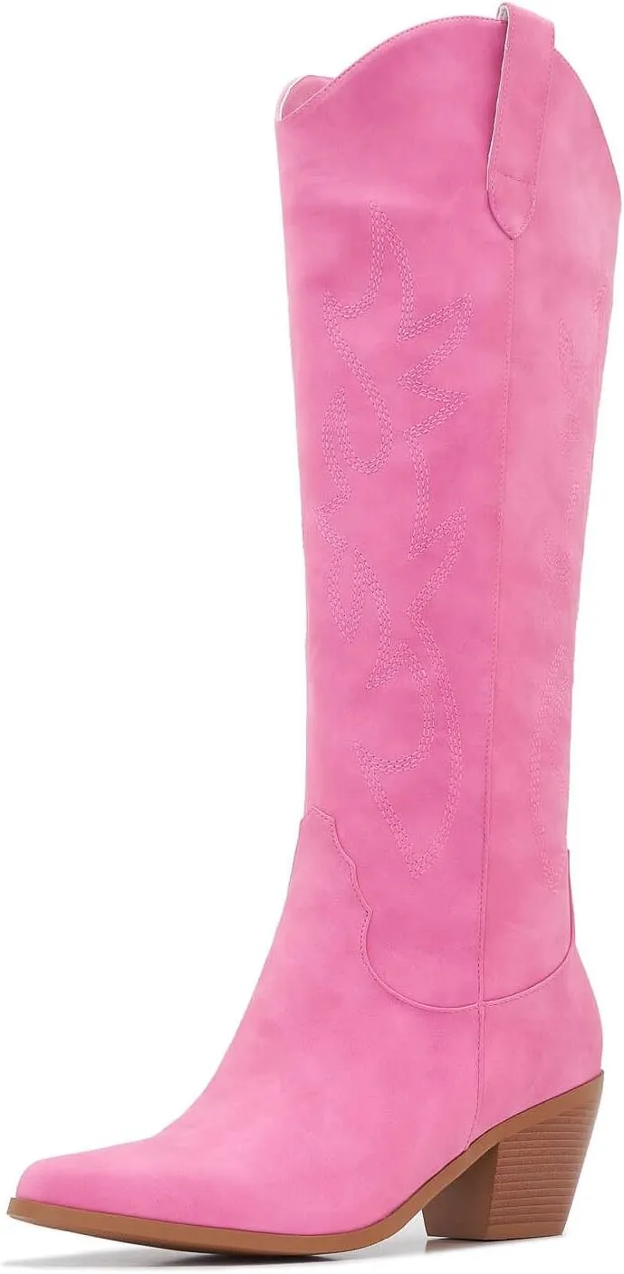 ZXHYZLZ Cowboy Boots For Women 2-Inch Low Heel Comfortable Tall Knee High Western Cowgirl Boots Pointed Toe Botas Vaqueras Para Mujer Classic Embroidered Chunky Heel