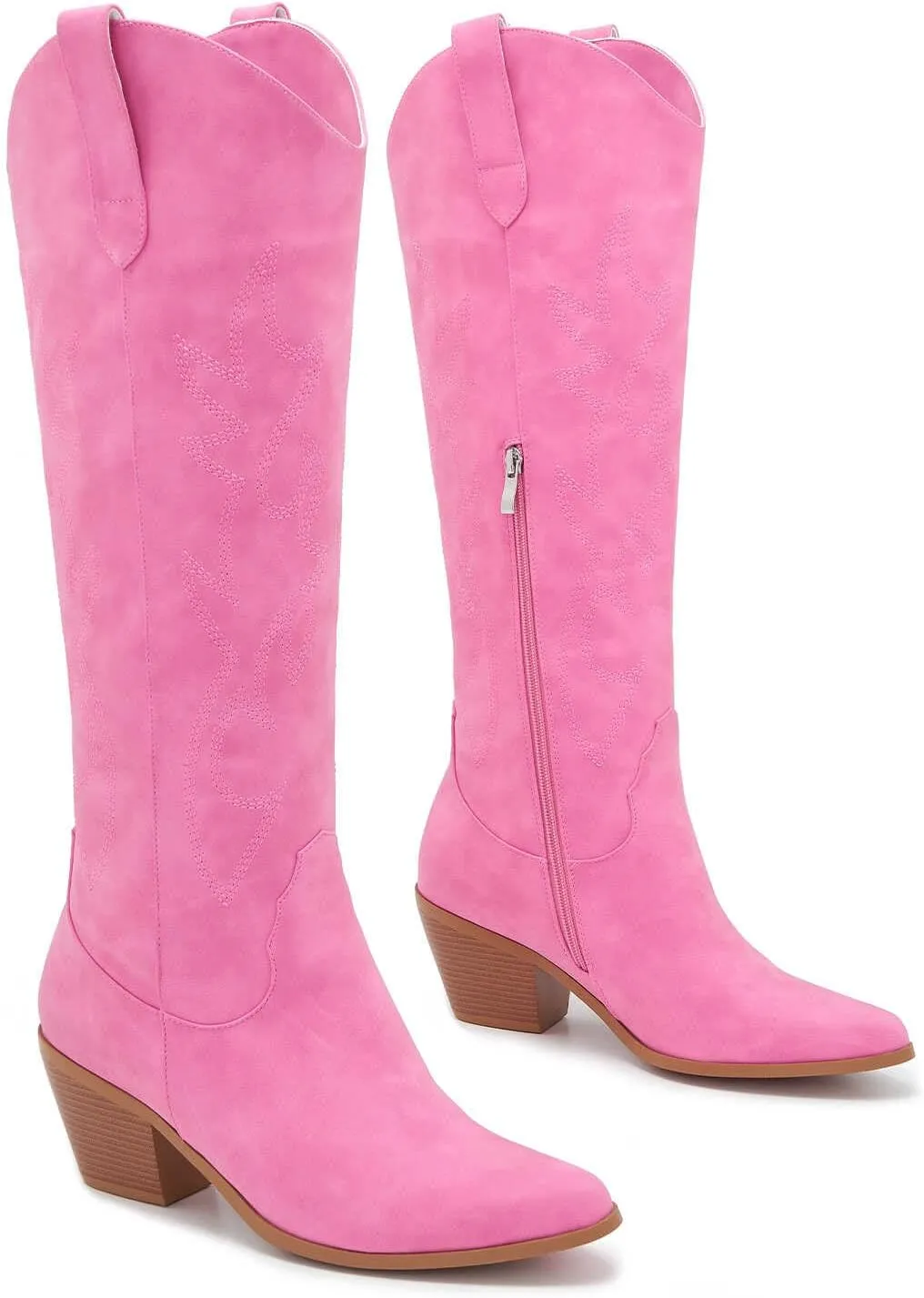 ZXHYZLZ Cowboy Boots For Women 2-Inch Low Heel Comfortable Tall Knee High Western Cowgirl Boots Pointed Toe Botas Vaqueras Para Mujer Classic Embroidered Chunky Heel